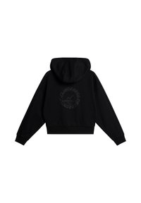 Schwarzer, kurzer Hoodie mit einer Kordelzugkapuze, gerippten Bündchen und einem dezenten Logodruck auf der Rückseite. Aus weichem Stoff mit glatter Textur gefertigt.