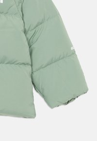 Pufasta jakna svijetlozelene boje, sa quilted teksturom i vidljivim šavovima. Uključuje bijeli logo detalj na rukavu.