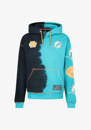 Kapuzenpullover mit einem Farbverlauf von Dunkelblau zu Türkis, ausgestattet mit Logos und Grafiken in Orange und Weiß. Weicher Stoff, Fronttasche.