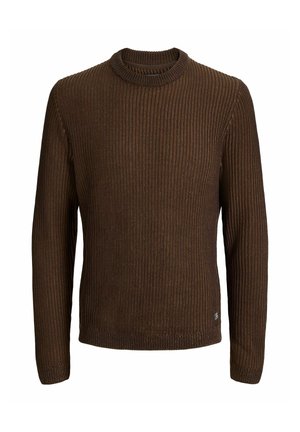 Brown ribbed knit long-sleeve sweater with crew neck and small side logo patch on the lower left side.