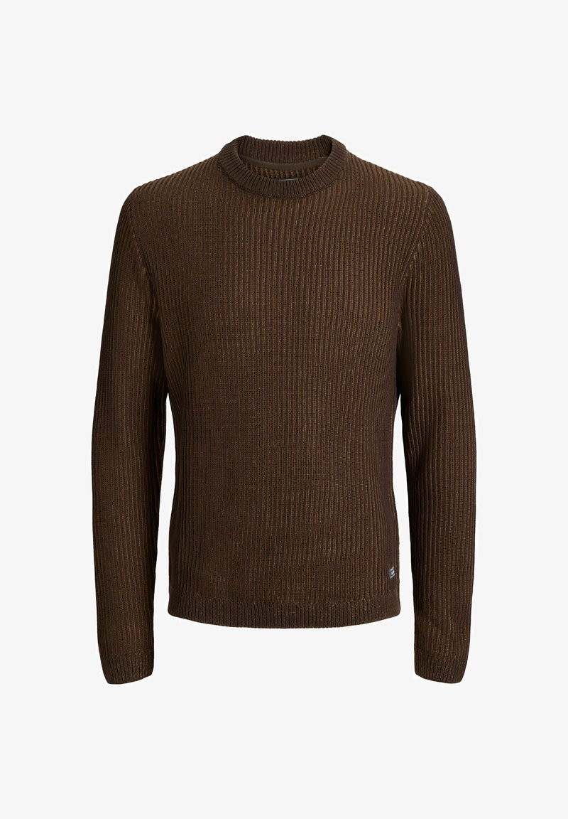 Pull marron en maille côtelée à manches longues, col rond, avec un petit logo sur le côté inférieur gauche.