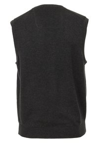 Maglione senza maniche grigio scuro realizzato in morbido tessuto a maglia, caratterizzato da un collo rotondo e orlo a coste. Design semplice e privo di decorazioni.
