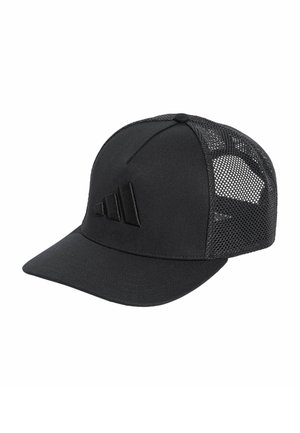 Sort mesh baseballkasket med buet skygge og ensfarvet broderet logo på frontpanelet, vinklet udsigt på hvid baggrund.