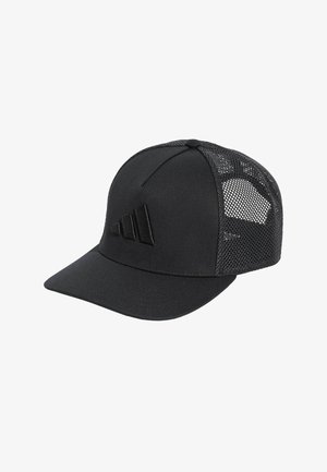Sort mesh baseballkasket med buet skygge og ensfarvet broderet logo på frontpanelet, vinklet udsigt på hvid baggrund.