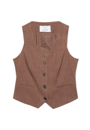 Gilet in lino marrone con scollo a V, cinque bottoni neri e due tasche frontali. Tessuto morbido con una forma sartoriale.