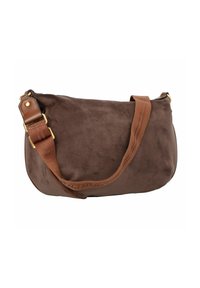 Braune Wildledertasche mit abgerundeter Form, ausgestattet mit einem braunen Schulterriemen, goldenen Hardware-Details und einer strukturierten Oberfläche.