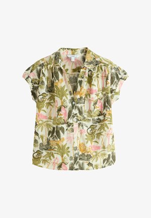 Gombos, rövid ujjú ing könnyű anyagból, színes trópusi állatmintával, zöld, rózsaszín és sárga színekben; zseb részlettel.
