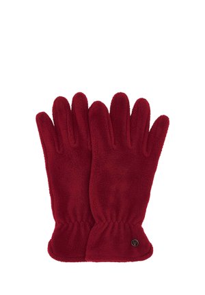 Pair of plain red fleece gloves with gathered wrist and small round metal logo on the cuff on a white background.