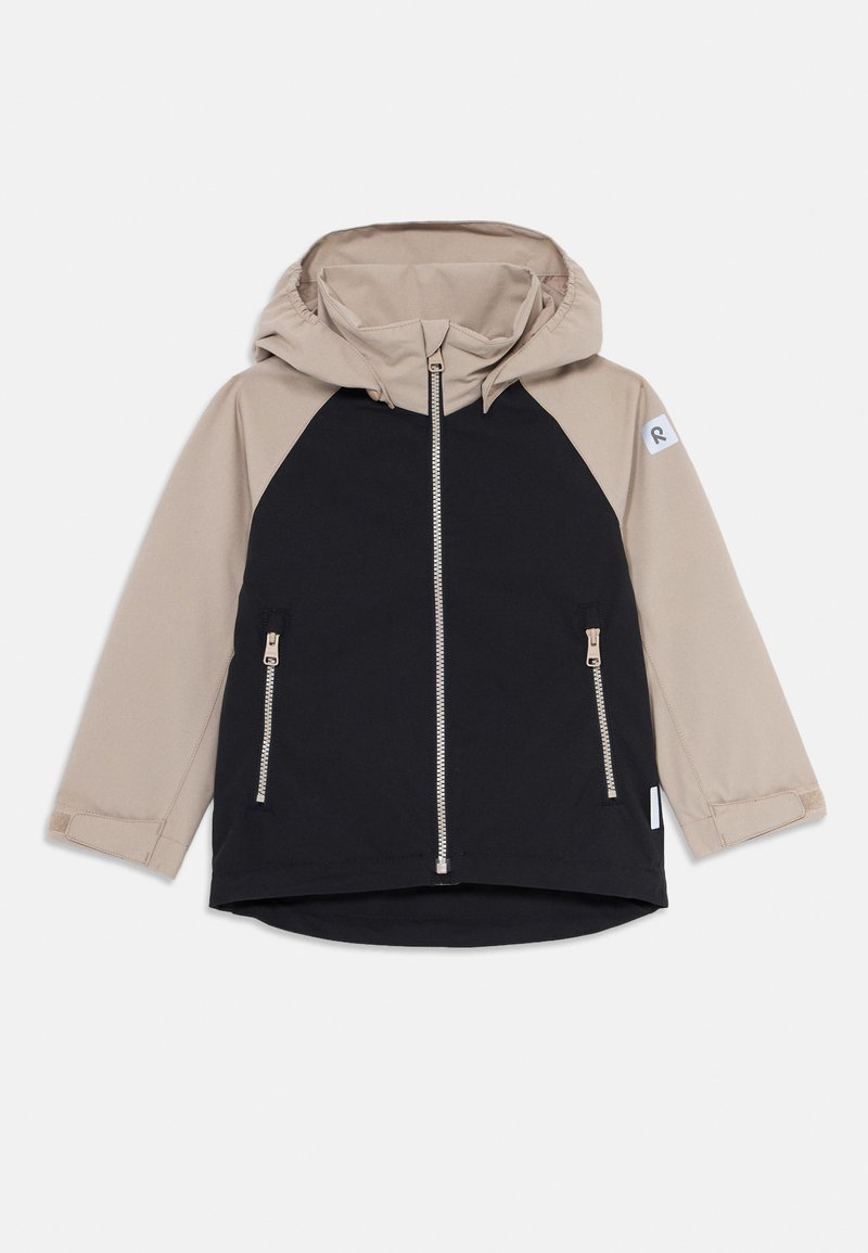 Children’s hooded jacket with beige sleeves and hood, black front and back, front zipper, and zippered side pockets.