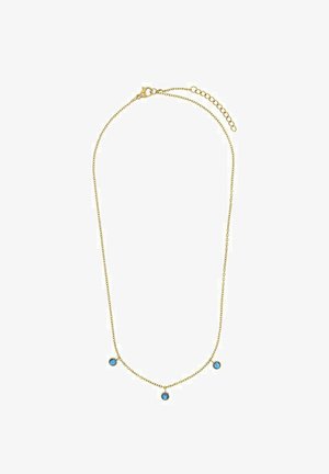 Goldene Halskette mit drei blauen Edelsteinen, zart strukturiert und in der Länge verstellbar durch einen Verschluss und eine Verlängerungskette.