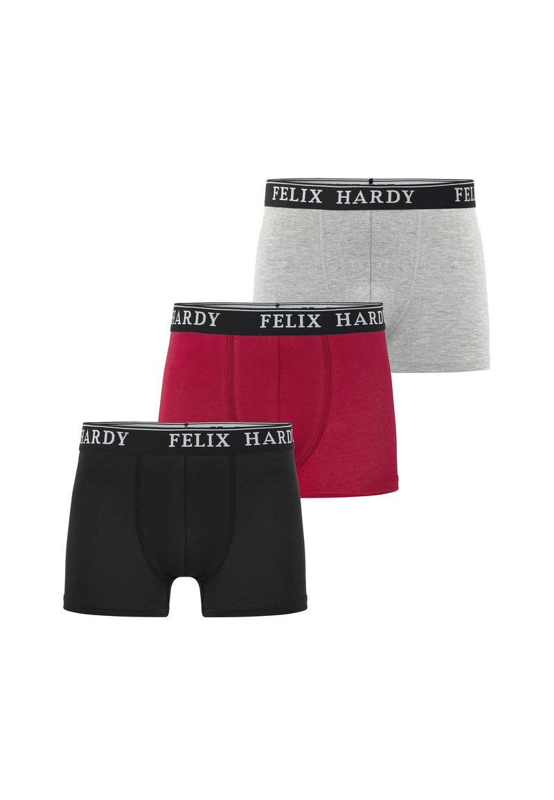 Trois paires de boxers dans les couleurs noir, rouge et gris. Chacune dispose d'une ceinture élastique noire avec le logo "FELIX HARDY" imprimé en blanc.