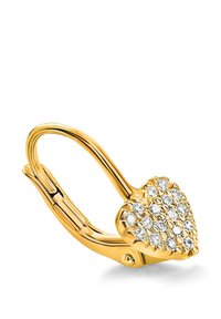 Gold clasp earring with a shield-shaped front adorned with small clear gemstones in a clustered pattern.