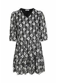 Robe noire en tissu léger, avec un col en V, des manches courtes bouffantes et un motif floral blanc. Volants superposés à l'ourlet.