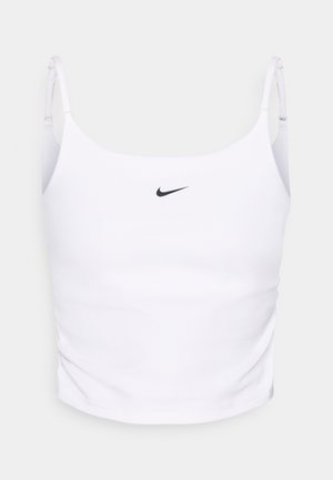 White Nike crop top with thin straps, featuring a black logo on the chest. Smooth texture with a fitted design and gathers at the sides.