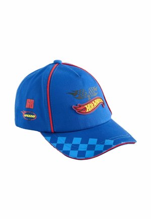 Casquette de baseball Hot Wheels bleue avec bordure rouge, visière à carreaux, graphique de drapeau de course et numéro 68 sur le côté.