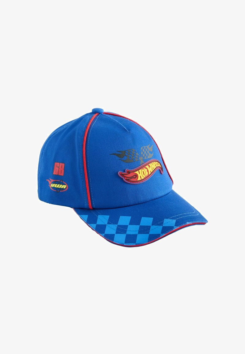 Niebieska czapka z daszkiem Hot Wheels z czerwonym obszyciem, kratkowanym daszkiem, grafiką flagi wyścigowej i numerem 68 z boku.