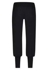 Schwarz, lockere Jogginghose aus weichem Stoff, mit einem elastischen Bund, zwei seitlichen Taschen und schmal zulaufenden Bündchen. Keine sichtbaren Muster.