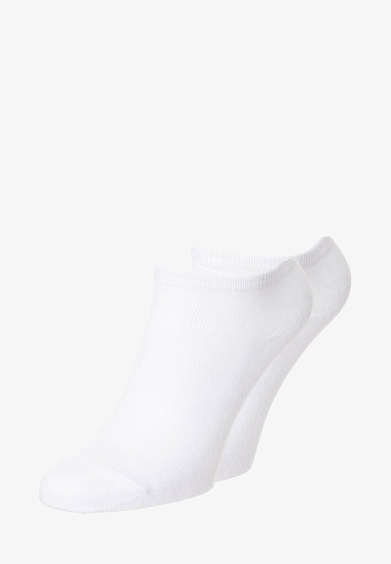 Weiße Knöchelsocken aus weichem, dehnbarem Stoff mit nahtlosem Design und gerippten Bündchen für hohen Tragekomfort. Zwei Paare sind ausgestellt.