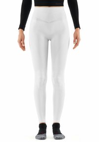 Witte hoge taille legging met ribbelstructuur, aansluitend ontwerp en kniestukaccenten. Glad materiaal met subtiele merkvermelding bij de taille.