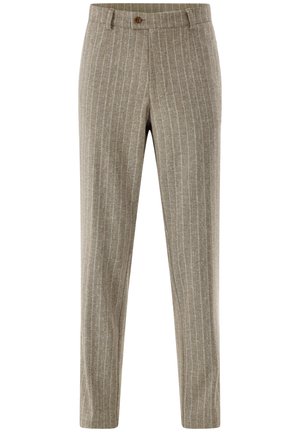 Beige Hose mit dünnen weißen vertikalen Streifen, Knopfverschluss, Gürtelschlaufen und geradem Bein.