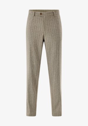 Beige Hose mit dünnen weißen vertikalen Streifen, Knopfverschluss, Gürtelschlaufen und geradem Bein.