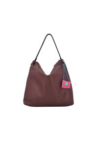 Borsa hobo in pelle di un profondo bordeaux con una sola tracolla, dotata di una piccola pochette rosa attaccata con un cordino blu. Texture liscia.