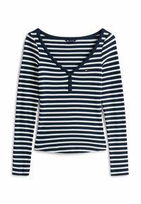 Langärmliges gestreiftes Oberteil mit navyblauen und weißen horizontalen Streifen, einem tiefen V-Ausschnitt und einer Knopfleiste mit drei Knöpfen am Hals.