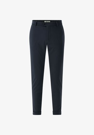 Navy blue trousers with a textured pattern, featuring a button closure, side pockets, and rolled cuffs for a tailored look.