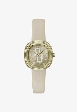 Bežna kožna ura s kvadratnim zlatim ohišjem, teksturirano številčnico, belimi številkami in logotipom. Ima dekorativni, kramljasti okvir.