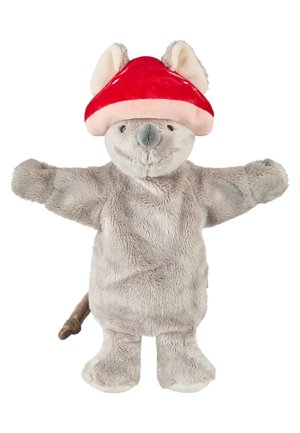 Gray plush mouse toy wearing a red and pink mushroom-shaped hat, with outstretched arms and a brown tail visible behind.
