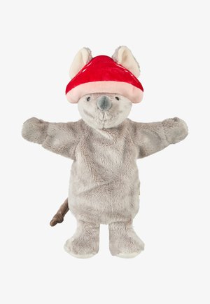 Gray plush mouse toy wearing a red and pink mushroom-shaped hat, with outstretched arms and a brown tail visible behind.
