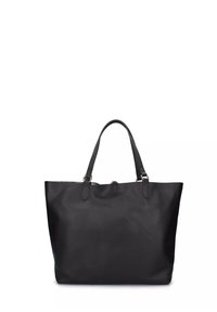 Bolso tote de cuero negro con dos asas resistentes, textura suave y diseño minimalista. Presenta costuras sutiles y sin herrajes visibles.