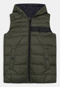 Olive green padded sleeveless vest with hood, front zipper, side snap pockets, and black band with subtle "BOSS" text on chest.