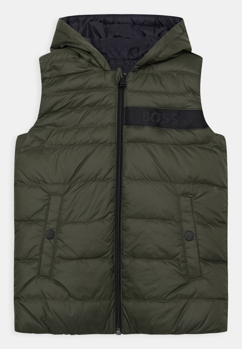 Olive green padded sleeveless vest with hood, front zipper, side snap pockets, and black band with subtle "BOSS" text on chest.