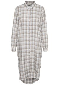 Robe-en-shirt à manches longues et à boutons, en tissu léger, présentant un motif vichy beige et marron avec un ourlet incurvé et un col.