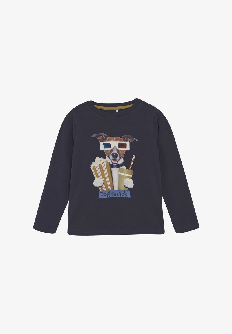 Marineblaues Langarm-T-Shirt mit einem grafischen Design eines Hundes in 3D-Brille, der Popcorn und ein Getränk hält, mit dem Text "Hundesnack".