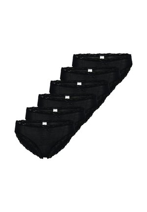 Six black women's lace-trimmed cotton briefs stacked diagonally, each with a small bow and white label at the center waistband.