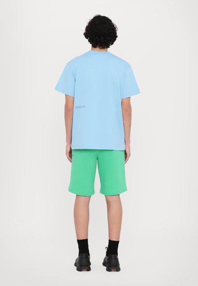 Un t-shirt en coton bleu clair et un short vert. Le t-shirt a un design simple avec des manches courtes, tandis que le short est de longueur genoux avec une taille élastique.