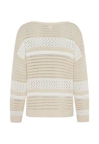 Maglione lavorato a maglia con una vestibilità morbida, caratterizzato da strisce alternate in crema e beige. Tessuto a lavorazione aperta con schemi variabili. Maniche lunghe.