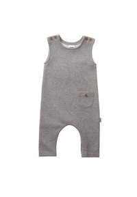 Grauer Baumwoll-Overall ohne Ärmel mit Holzknopfdetails, rundem Hals und einer aufgesetzten Fronttasche. Weiche Textur und entspannter Schnitt.