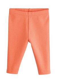 Elastische tailleband, ribbelstructuur en aangesloten pasvorm. Heldere koraalkleur, geschikt voor casual wear. Geen zichtbare branding of patronen.