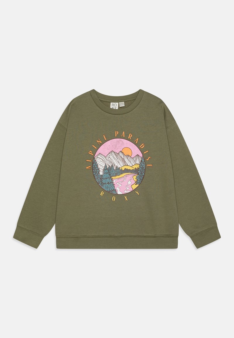 Sweat-shirt vert olive à col rond avec un graphisme représentant un paysage de montagne, une rivière, des arbres, un lever de soleil, accompagné des textes "Alpine Paradise" et "Roxy".