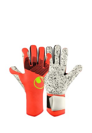 Guanti da portiere arancione brillante con strisce nere sul retro e presa bianca maculata sui palmi, con cinturini da polso.