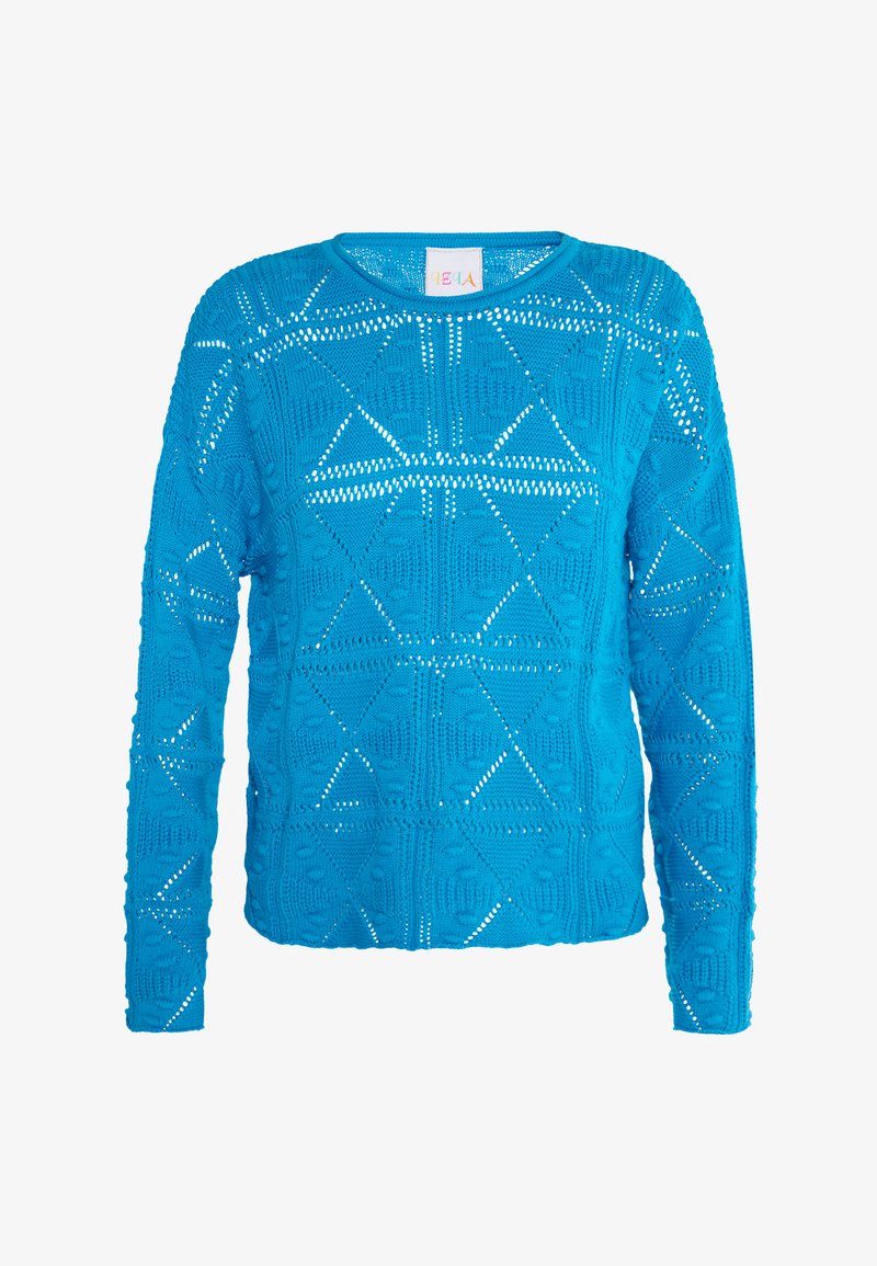 Pulover tricotat albastru, cu un model geometric, detalii din dantelă, mâneci lungi și un decolteu rotund.