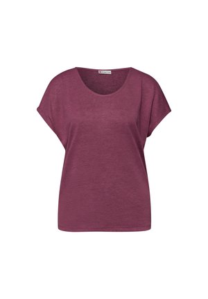 Lyhythihainen, luumunvärinen naisten pusero, jossa on pyöreä pääntie ja rento istuvuus.