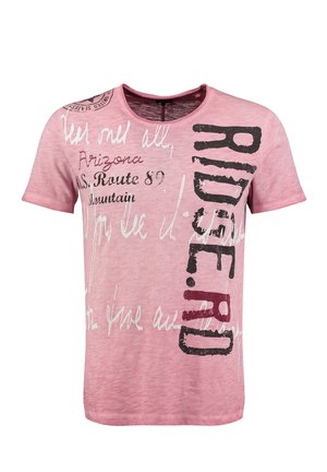 T-shirt in cotone rosa a maniche corte con vari design di testo in bianco e nero, con scollatura rotonda e vestibilità comoda.
