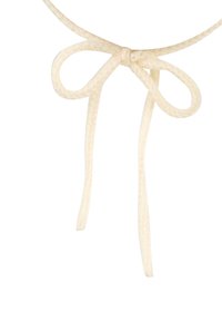 Cream-colored braided rope tied into a simple bow with two loops and two hanging ends against a white background.