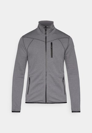 Gray zippered jacket featuring a high collar, textured fabric, and two side zip pockets. Accented with contrasting seams and a chest pocket.