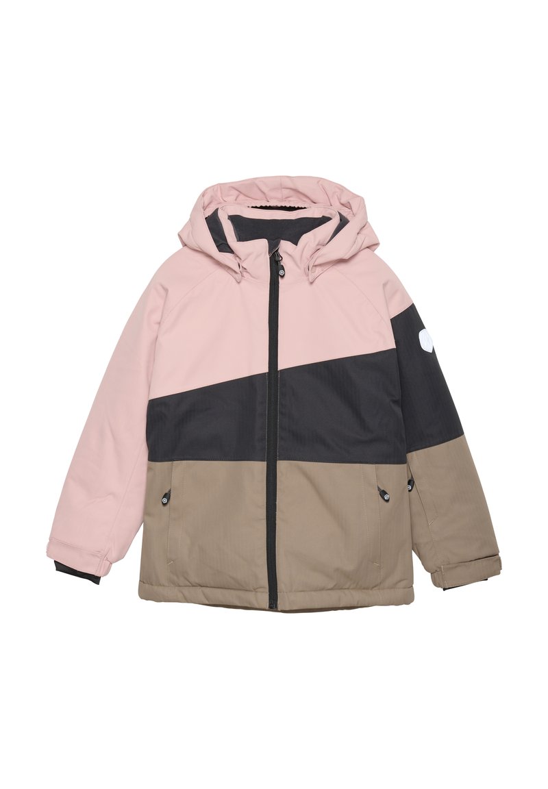 Giacca color block rosa, nera e beige con cappuccio, chiusura con zip e due tasche laterali; il tessuto ha una consistenza liscia e leggera.