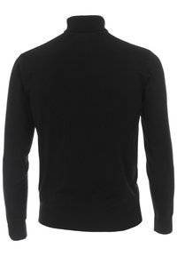 Schwarzer Rollkragenpullover, gestrickter Stoff, figurbetontes Design, lange Ärmel, gerippte Bündchen und Saum, glatte Textur, schlicht ohne Muster.